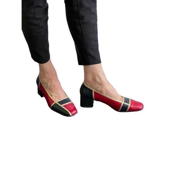 70s Frank Morr VTG Leather Pump Spain Sz 9.5 Colorblock Blue Red Gold Square Toe - Picture 4 of 9